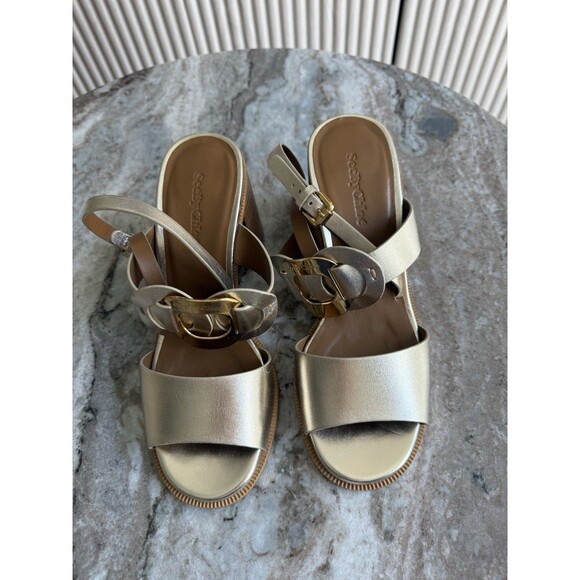 SEE BY CHLOE CHANY Gold LEATHER HEELED SANDALS 38.5 - Picture 2 of 10
